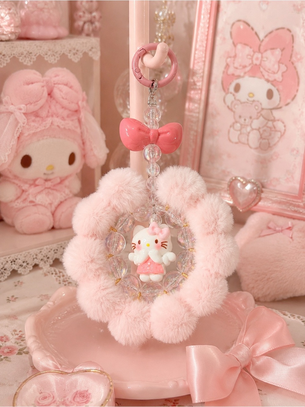 Hello Kitty Pink Plush Pom Pom Keychain Charm cute kawaii gift